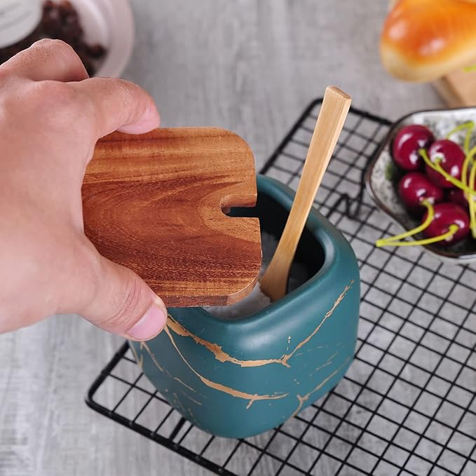 VanEnjoy Decorative Marble Inlay Glaze Ceramic Sugar Spice Containers Porcelain Jar with Bamboo Lid and Spoon Condiment Jar for Home