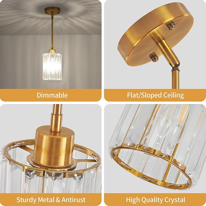 Gold Pendant Lights Kitchen Island, Modern Crystal Pendant Light Fixtures, Kitchen Hanging Lights Mini Chandelier Pendant Lighting for Island Dining Room Hallway Bedroom