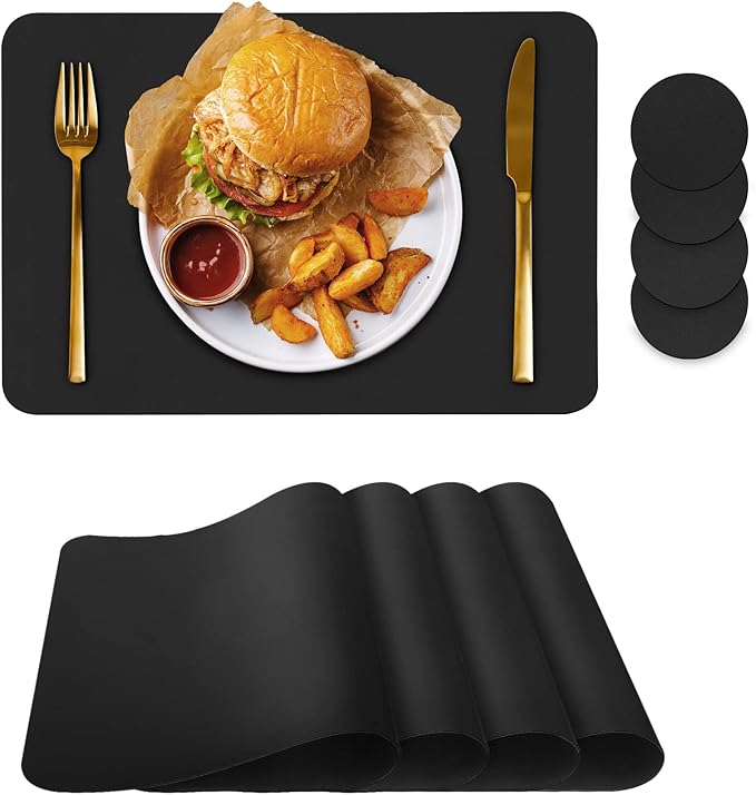 Bacgnyer Placemats Set of 4, Placemat with Coasters Heat Stain Scratch Resistant Non-Slip Waterproof Oil-Proof Washable Wipeable Outdoor Indoor for Dining Patio Table Kitchen Decor and Kids (Black 4)