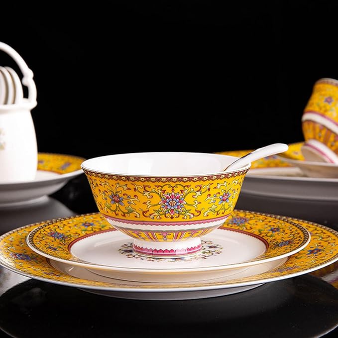 Luxury Tableware Set Tableware Dishes Plates Ceramic Combination Dinner Service Set of Bowls Dessert Plates Soup Plates Dinner Plates 60 Piece Yellow (Blue)