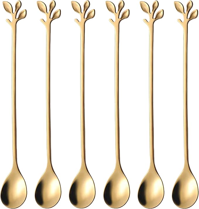 Long Handle Iced Tea Spoons Set of 6, Comicfs 7.6" Ice Cream Spoon, Creative Gold Leaf Cocktail Stirring Spoons, Premium Food Grade Stainless Steel, Mirror Finish & Dishwasher Safe (6 Pcs, Gold)