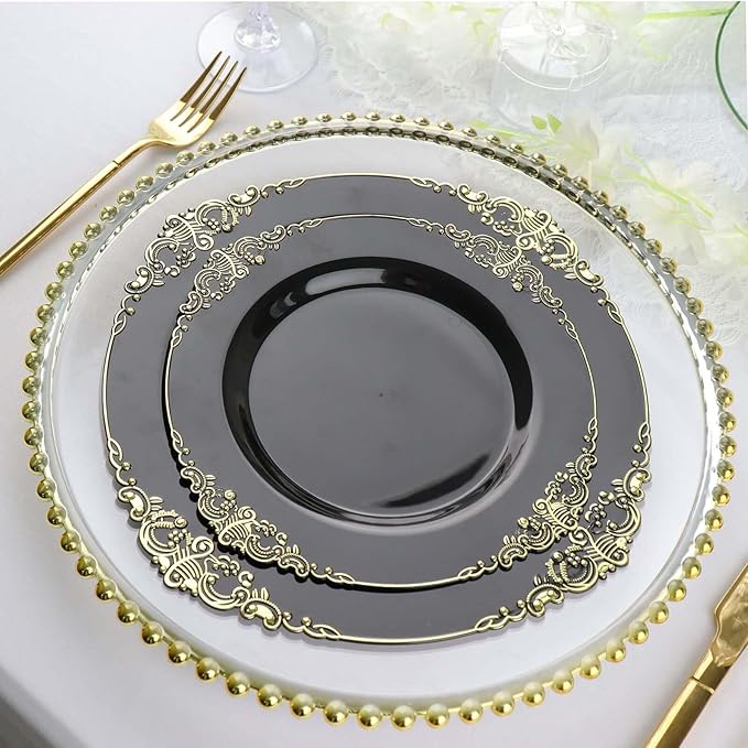 8" Salad Plates -Set of 20 - Plastic Black Round Baroque Disposable Chargers Leaf Embossed Rim, Ideal for Dinner Party Wedding Bulk Events