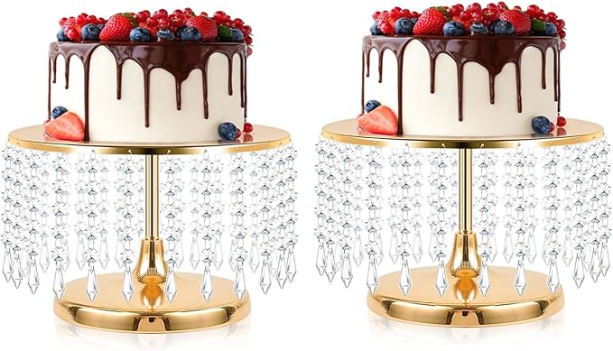 2 Pcs Gold Metal Mirror Cake Stand Set with Crystal Pendants - 11.8"W Elegant Dessert Table Display for Weddings, Birthday Parties, Baby Showers, Events - Sturdy Crystal Bling Cupcake Stands for Pastries, Sweets, Decorations