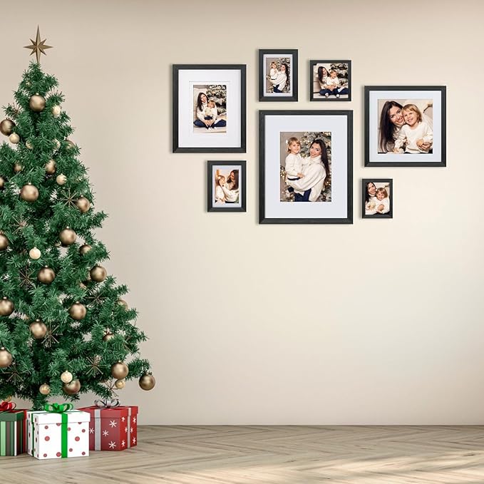 Egofine 12x16 Picture Frames Set of 4, Made of Solid Wood Covered by Plexiglass 9x12 and 11x14 with Mat or 12x16 without Mat, for Wall Mounting Photo Frame Rustic Black