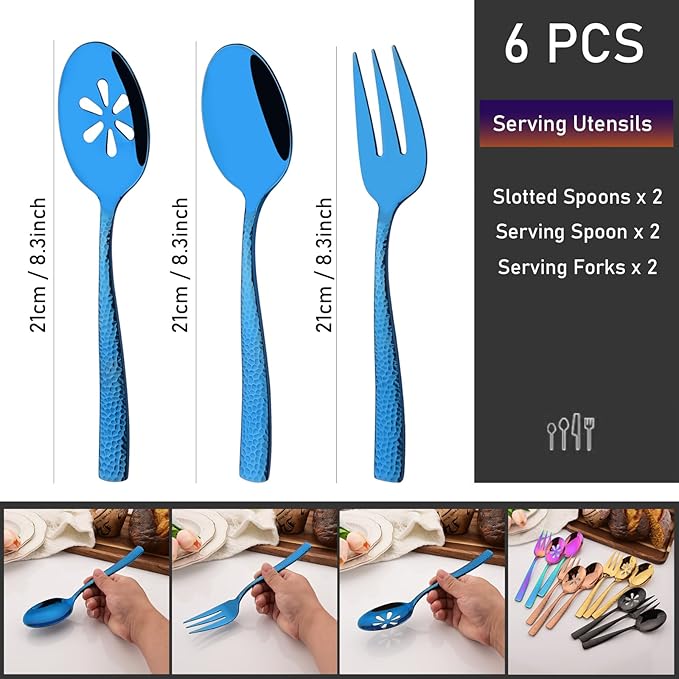 6 PCS Hammered Serving Utensils, Uniturcky Stainless Steel Serving Spoons Set, Square and Thick Hostess Serving Set, Includes 2 Serving Spoon 2 Serving Fork and 2 Slotted Spoon, Mirror Blue