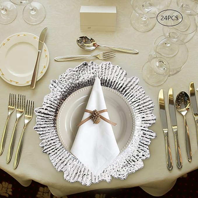 24 PCS Charger Plates Bulk, 13 Inch Floral Reef Plastic Charger Dinner Plates Round Service Plates Decorative Chargers Bulk for Table Setting Wedding Party Event(Silver)