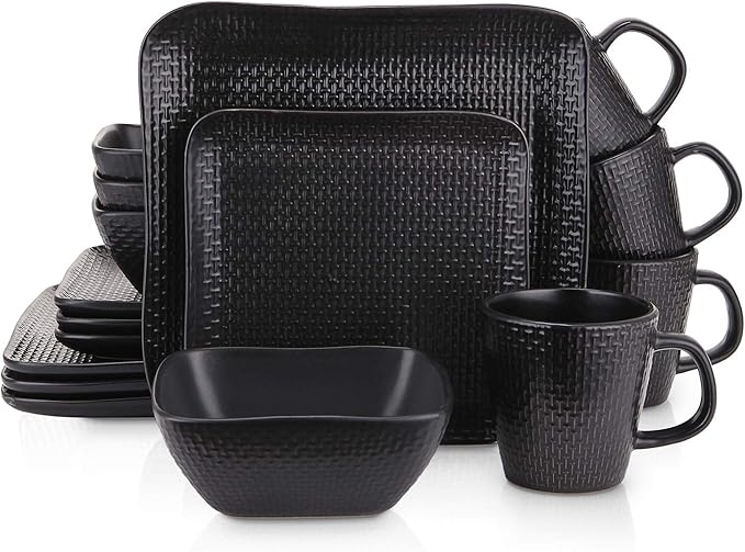 Stone Lain 16 Piece Stoneware Dinnerware set, Square, Weave, Black