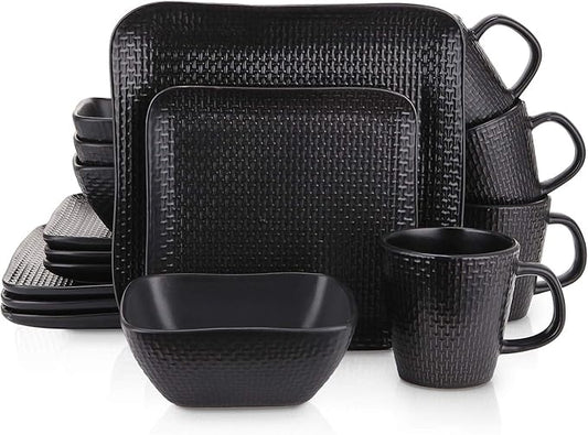 Stone Lain 16 Piece Stoneware Dinnerware set, Square, Weave, Black