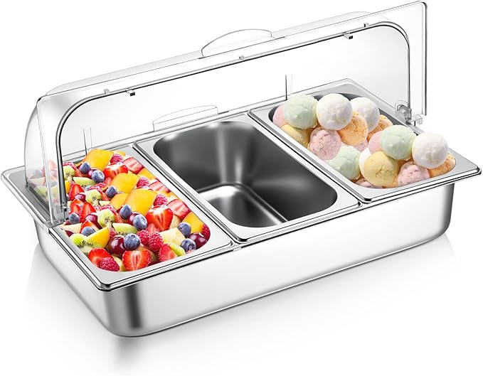 Countertop Food Serving Display Container and Clear Roll Top Cover Stainless Steel Food Serving Tray Buffet Condiment Dispenser Display Rack for Restaurant Hotel Kitchen Party(21 x 13 x 11'')