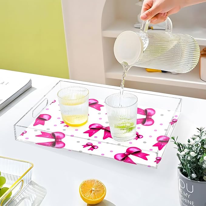 Spill Proof Acrylic Serving Tray, Countertop Organizer 16x12 Inch with Handles for Breakfast, Living Rooms, Coffee, Juice, Kitchen and Desk, (Rosy Bows and Silver Polka Dots)
