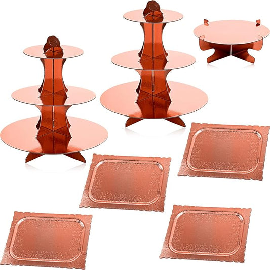 Zopeal 7 Pcs Dessert Table Display Set 3-Tier Cupcake Stand 1-Tier Cup Cake Display Tower Platters and Serving Trays Cardboard Cake Cookie Holders for Wedding Birthday Party Baby Shower(Rose Gold)