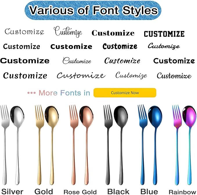 Custom Fork and Spoon Kit Flatware Set, Personalized Stainless Steel Engraved Name Text Dates, Customized Lover Gifts for Couples Boyfriend Girlfriend Birthday Christmas Gift - 6 Colors
