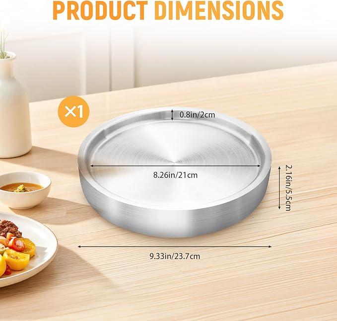 9.4" Stainless Steel Chilled Serving Trays for Parties Containers, Round Silver Ice Tray for Food Buffet Bowls Box Platter Server Cold Ice Vegetable Fruits Snacks Shrimp Cocktail Fridge (Silver)