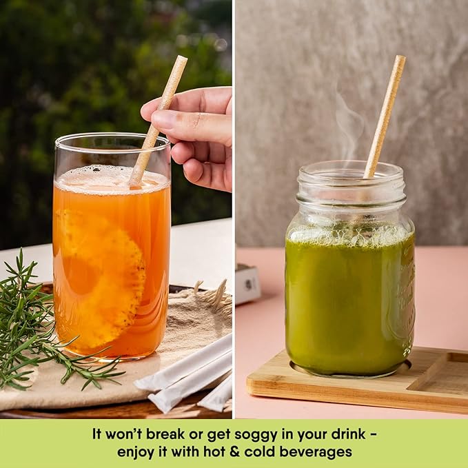 – 100 PCS of 8.25 Inches Individually Wrapped Biodegradable Straws – Made of Vegetable Fibers, Best Environment Friendly Drinking Straws for Hot and Cold Beverages