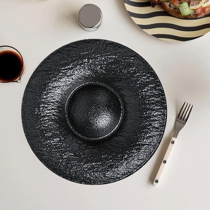 HouseVibe Ceramic Divided Snack Plate with Dipping Saucer, Serving Platter for Dumplings, Fried Chicken, Appetizers, Tacos- Black