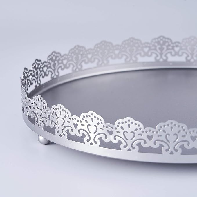 Plastic Round Premium Decorative Serving Tray with Embellished Rims - Silver