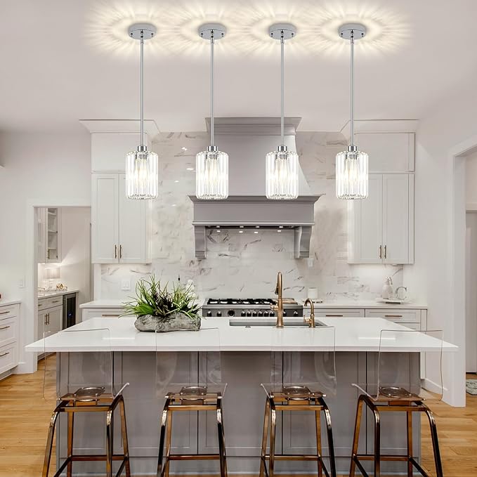 Chrome Pendant Lights, Modern Crystal Pendant Lighting for Kitchen Island, Mini Kitchen Chandeliers Hanging Pendant Lights for Bedroom Dining Room Hallway