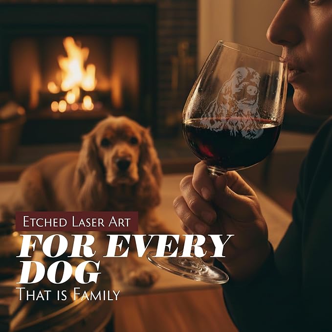 Etched Laser Art Cocker Spaniel Personalized Dog Themed Etched 12.75oz Wine Glass Custom Dog Breed Wine Glasses, Ideal for Pet Lovers, Unique Birthday Gift for Men & Women, Personalized Gift