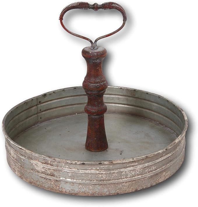 12 Inch Round Farmhouse Style Rustic Galvanized Metal Serving Tray with Handle Kitchen Display Serveware