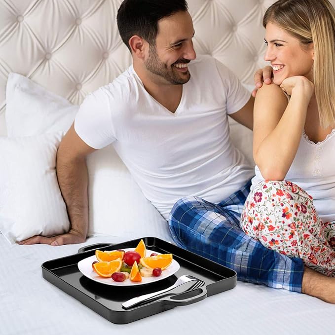 i BKGOO Foodservice Black Plastic Tray with Handle Set of 2 Large Melamine Cube Serving Platters for Parties, Table, Kitchen Size(12.5"x12.5"x1")