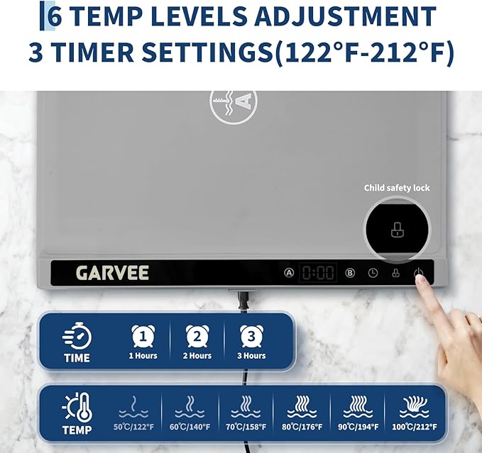 GarveeHome Food Warming Mat for Countertop, 24x15 Inch Dual Zone Electric Warming Tray with Timer & 6 Temp Settings, Portable Food Warmer for Parties Buffets Home Daily Use, Grey