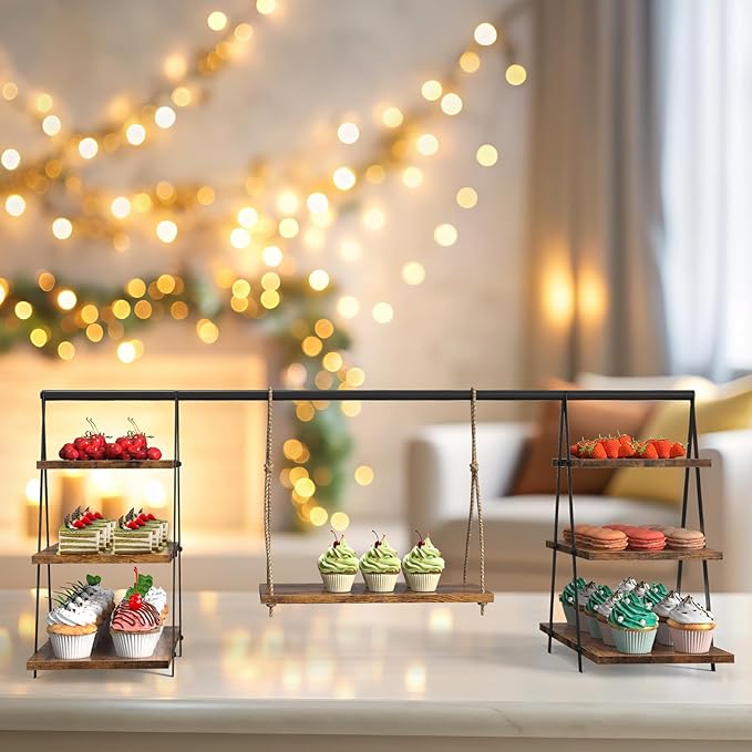 LIANTRAL Wooden 3 Tier Cupcake Stand, Wood Cupcake Display Stand with Swing, Dessert Table Display Set with Serving Tray for Birthday, Party, Wedding, Farmhouse Decor, Brown