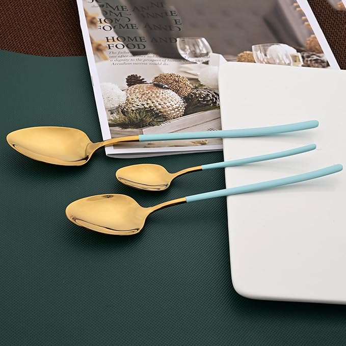 36pcs Silverware Set, 18/10 Stainless Steel Serving Flatware With Curved Handle For 6, Durable Eating Utensils For Home Entertaining, Mirror Polished (Mint Green Gold)