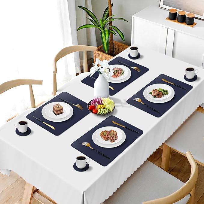 Vinyl Placemats Set of 6, Faux Leather Heat Resistant Kitchen Place Mats, Waterproof Wipeable Dining Table Mats and Coasters for Indoor, Outdoor (Navy Blue)