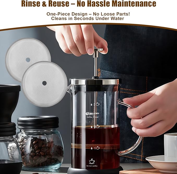 French Press Replacement Filters Stainless Steel Mesh Screen Universal 1000 ml, 34 Oz, 8 Cup Coffee & Tea Makers (8 PACK)