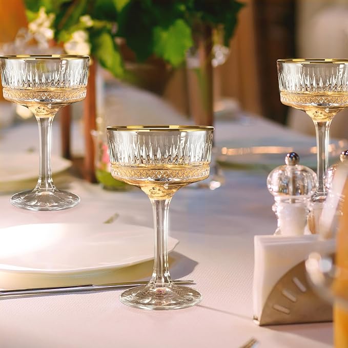 Whisquor 4Pcs Coupe Glasses, 10oz Crystal Martini Glasses with Gold Rim, Vintage Coupe Cocktail Glass, Martini Glassware for Espresso, Champagne, Cosmopolitan, Manhattan