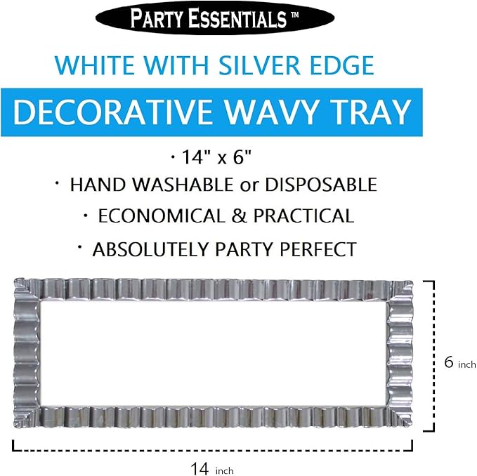 Party Essentials Disposable Hard Plastic Decorative Wavy Trays, 14" X 6", White/Silver Edge