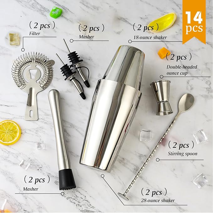 MWELLEWM Cocktail Shaker Set, Boston Shakers Bartending Professional Bartender Kit Bartender Beginner Mixed Alcohol Martini Shaker Tins Tool for Bar Drink