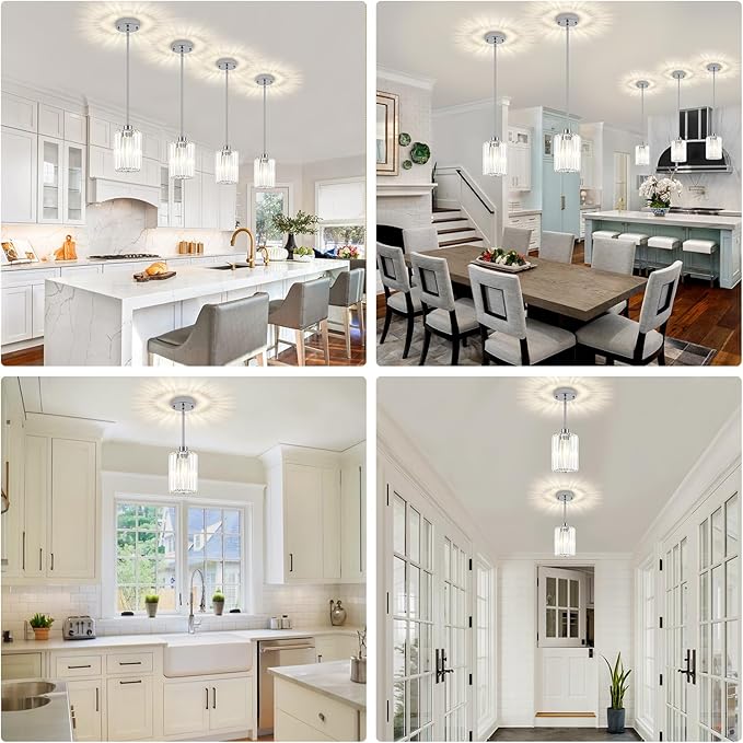 Chrome Pendant Lights,3 Pack Crystal Pendant Lighting for Kitchen Island, Modern Mini Kitchen Chandeliers Hanging Pendant Lights for Bedroom Dining Room Hallway