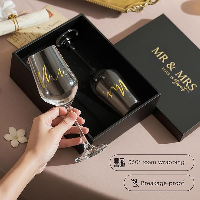 AW BRIDAL Mr and Mrs Wine Glasses Set of 2 for Engagement Bridal Shower, Wedding Gifts for Newlywed Couples 2025, Personalized Anniversary Wine Glass Gift Basket for Bride Groom and Fiance Fiancee
