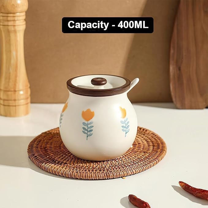 Ceramic Salt and Sugar Bowl, Porcelain Condiment Jars with Lid and Spoon, Seasoning Spice Pot Bowl, Salt Sugar Pepper Storage Jar, 400ml, Yellow Flower