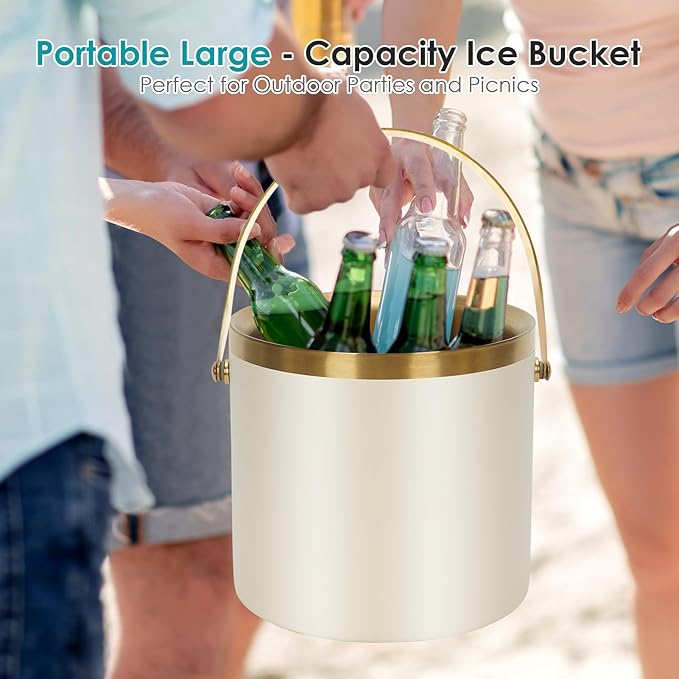ZORMY 3L Double-Wall Vacuum Insulated Stainless Steel Ice Bucket with Lid & Tong，Wine and Champagne Bucket for Home & Parties（WhiteGold）