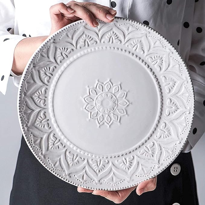 Dinnerware Set Dinner Party Tableware Service Set Ceramics Dinner Sets, 24 Pieces White Vintage Relief Porcelain Dinnerware Set | Nordic Style Cereal Bowl Steak Plate and Mug, FPYY2024040817