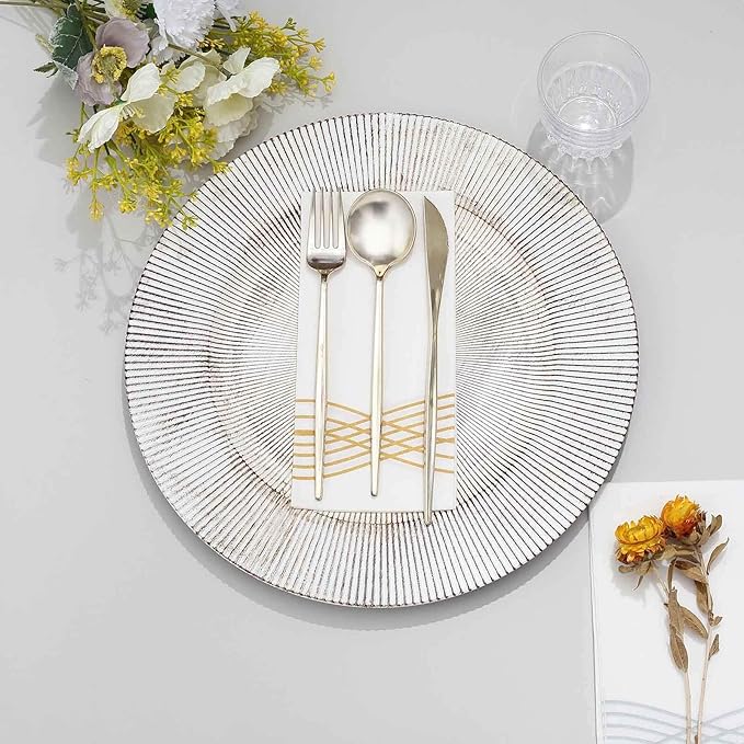 Efavormart 6 Pack | 13" White Washed Sunray Rim Faux Wood Plastic Charger Trays, Round Disposable Serving Plates