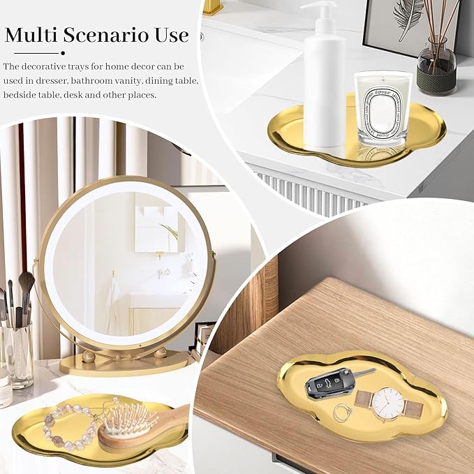 2Pcs Stainless Steel Jewelry Tray, 9in Cute Cloud Bathroom Decorative Tray Trinket Dish, Ring Dish Vanity Tray for Perfume Key Candle Aesthetic Room Decor (Gold)