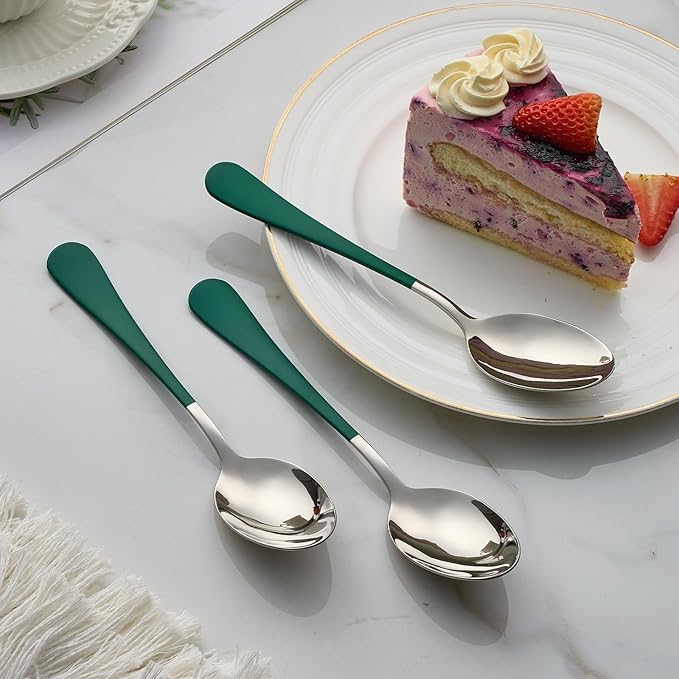 green Dinne spoons Set 12 Piece,Green Handle Silverware 18/0 Stainless Steel Flatware Bulk7.3-inch Dessert Spoons Sets Table of 12,Mirror Finished Dishwasher Safe