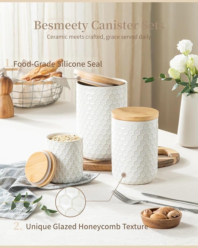 Besmeety Canisters Sets for the Kitchen, Flour Sugar Storage Containers, Ceramic Kitchen Canisters for Countertop with Airtight Lid, 11oz 28oz & 50oz Coffee Tea Sugar Container Set of 3