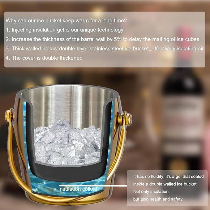Ice Bucket Champagne Bucket with Tongs Scoop Lid, Double Wall Wine Bar Freezer Ice Bucket with Stand & Carrying Handle, Stainless Steel Mirror Bucket Champagne Bucket for Parties Bar Home,2L (Gold)