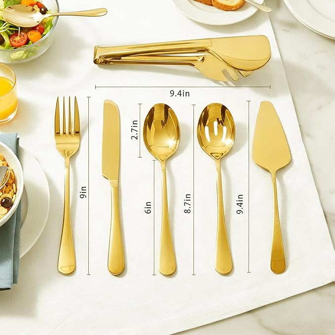 6 PCS Premium Stainless Steel Serving Utensils Set, Large Serving Spoons Slotted Spoons, Forks, Ice Tongs, Cake Server, Soup Ladle, Metal Flatware Set for Buffet Catering Banquet Home Party (Gold)