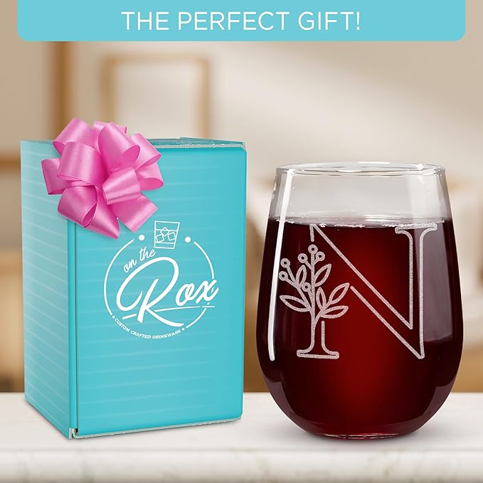 On The Rox Drinks Monogrammed Gifts For Women and Men - Letter A-Z Initial Engraved Monogram Stemless Wine Glass - 17 Oz Personalized Wine Gifts For Women and Men (N)