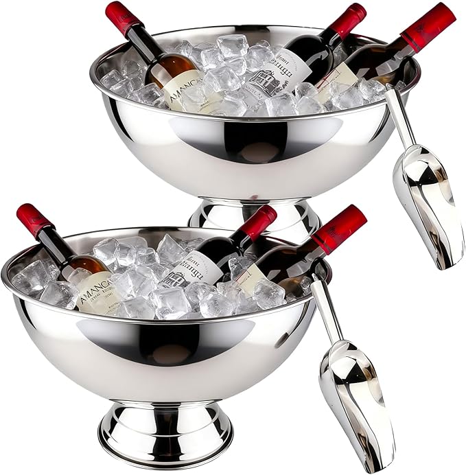 Large Ice Bucket 13L Stainless Steel Champagne Bowl Ice Bucket with Ice Scoop Semicircle Drink Tub with Integrated Base Silver Beverage Tub for Parties, Cocktail Bar, Chilling Wine (2 Packs-Silver)