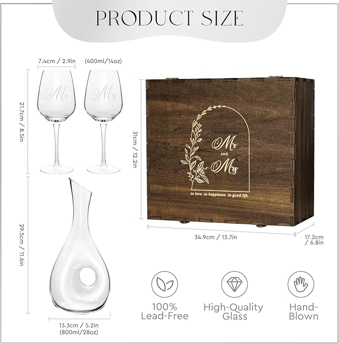 AW BRIDAL Mr and Mrs Wine Glasses and Decanter Set, Engagement Gifts for Couples 2025, Wedding Gifts for Bride and Groom, Anniversary Wine Glasses with Keepsake Box, Bridal Shower Gift for Bride to Be