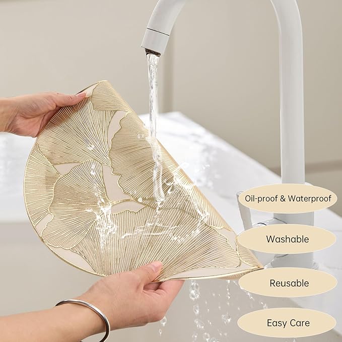Gold Round Placemats Set of 6 Metallic Pressed Vinyl Place Mats for Dining Table Centerpiece Decor Ginkgo Leaf Table Mats Non Slip Heat Resistant 15 Inch
