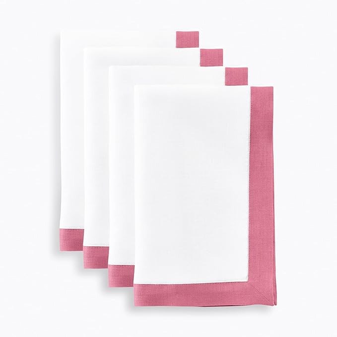 Solino Home Linen Cloth Napkins Set of 4-100% Pure Linen Pink Carnation and White Dinner Napkins 20 x 20 Inch for Christmas - Classic, Handcrafted and Machine Washable