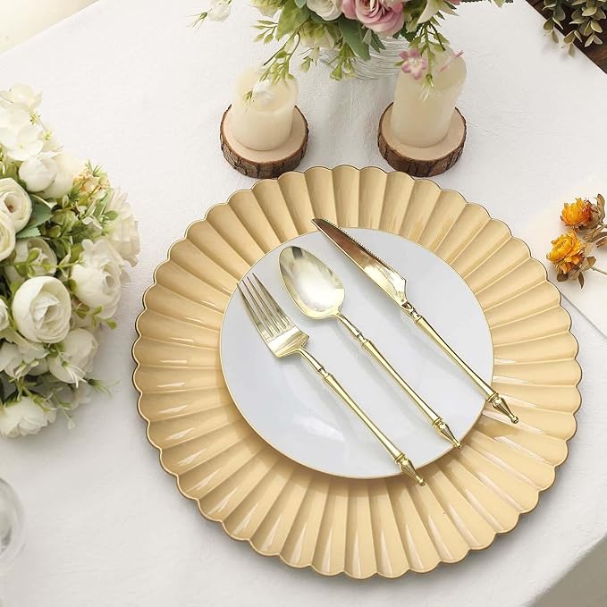 Efavormart 6 Pack | 13" Gold Scalloped Shell Pattern Plastic Serving Plates, Round Disposable Charger Plates