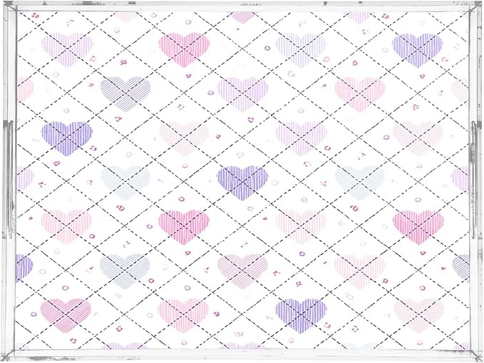 Serving Tray with Handles Clear Acrylic Tray 12x16 Inch Decorative Rectangular Tray Organizer for Ottoman Coffee Table Bathroom Valentine Heart Plaid Love Hearts White